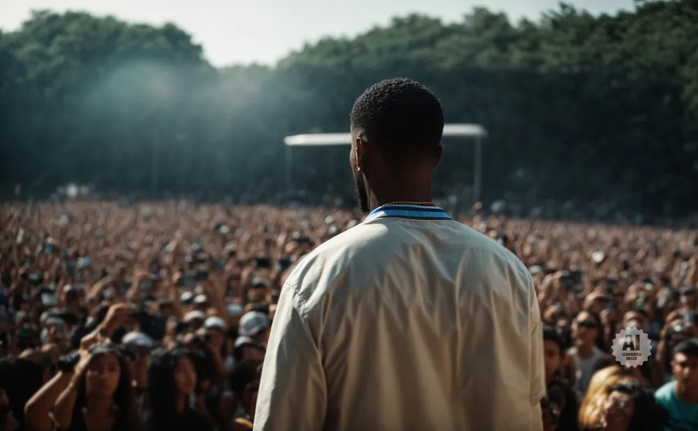 A man in a light jacket stands on a stage, facing a large, cheering crowd at an outdoor concert.