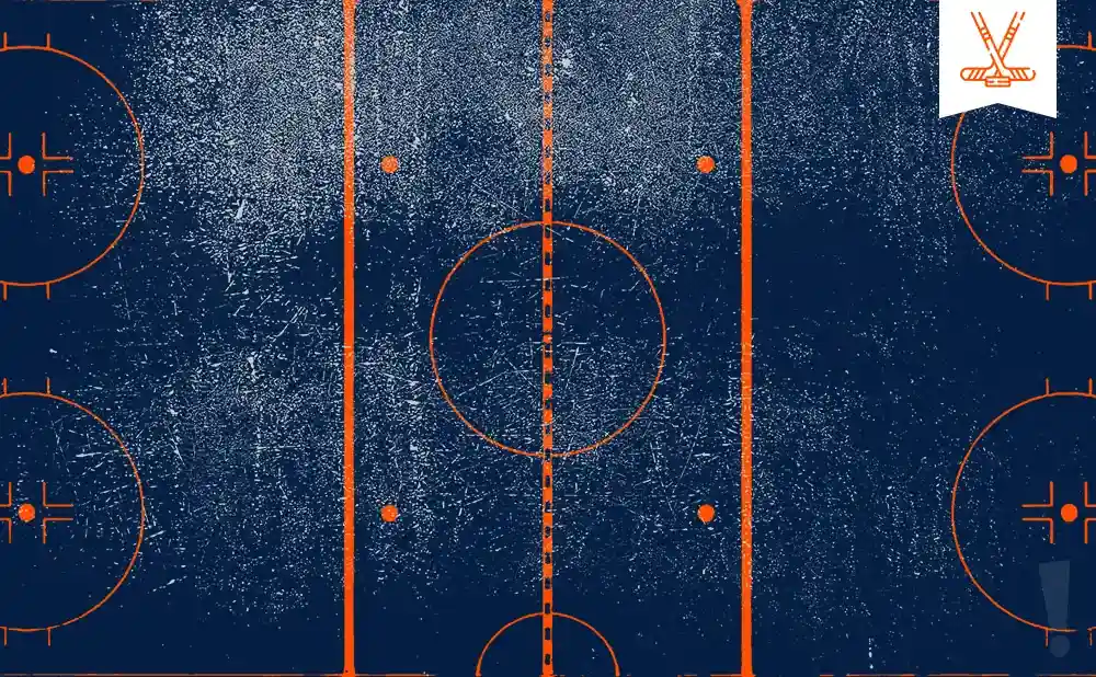 An abstract hockey rink with orange lines and hockey sticks icon in the top right corner.