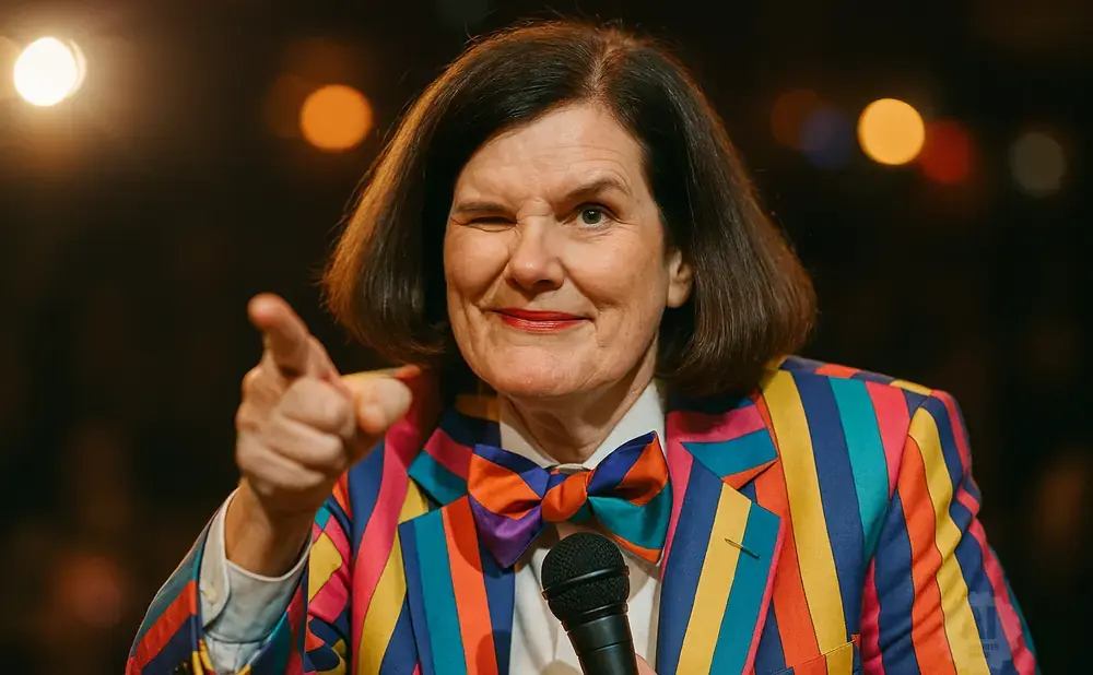 A woman in a colorful striped suit and bow tie winks and points at the camera, holding a microphone.