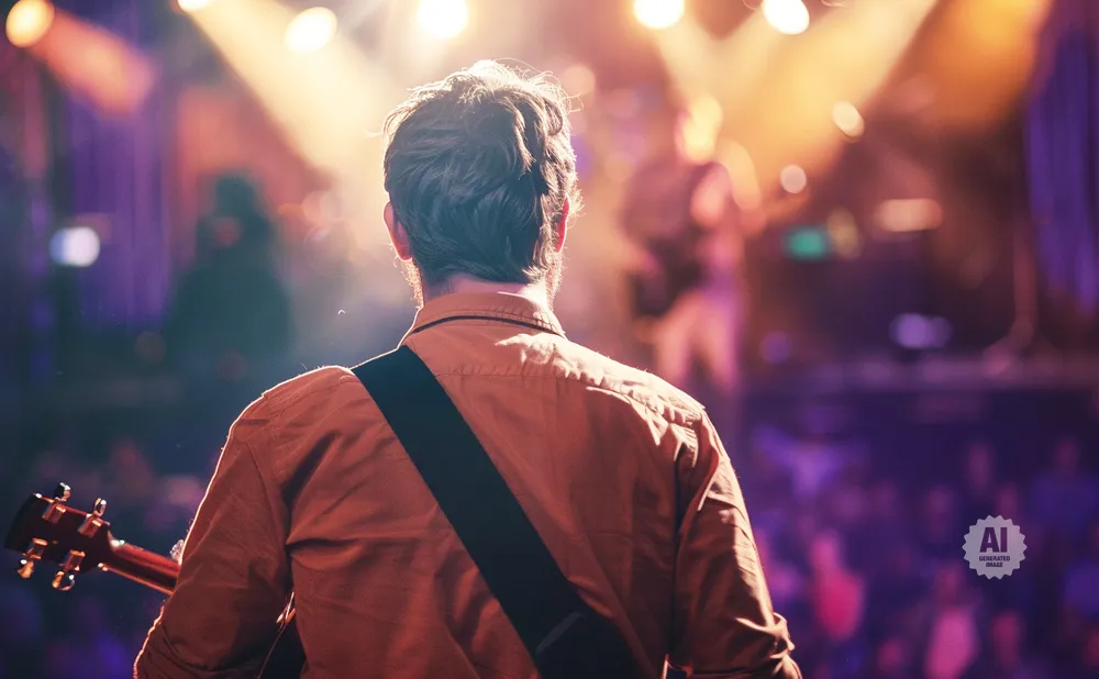 A musician in an orange shirt plays guitar on a brightly lit stage, with an audience blurred in the background.