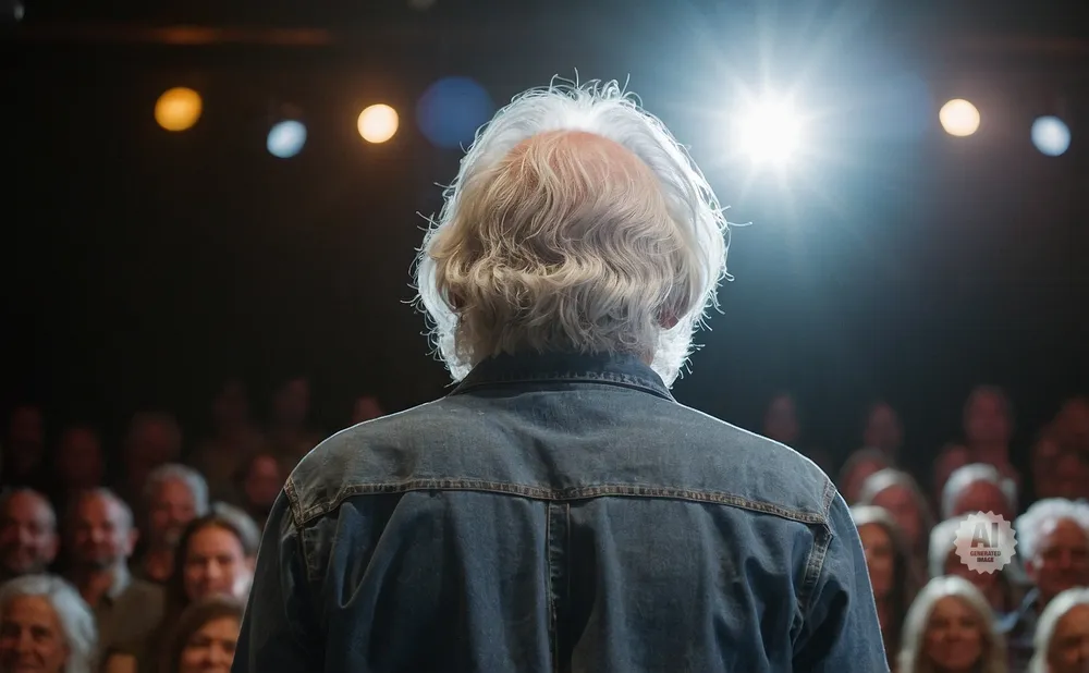 A man with white, curly hair faces an audience, illuminated by bright stage lights.