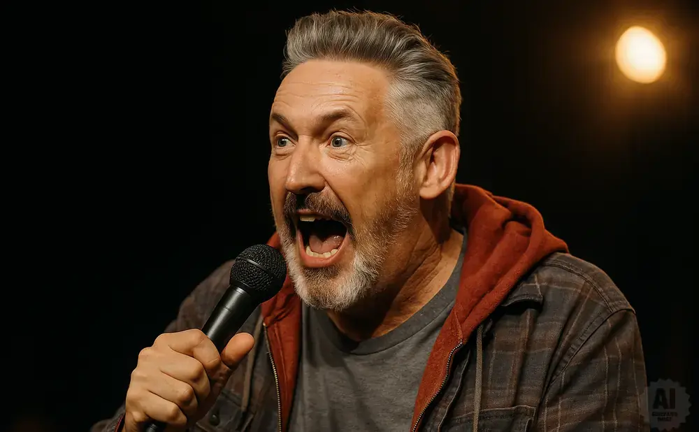 Man with gray hair and beard yells into a microphone while wearing a plaid jacket with a red hood.