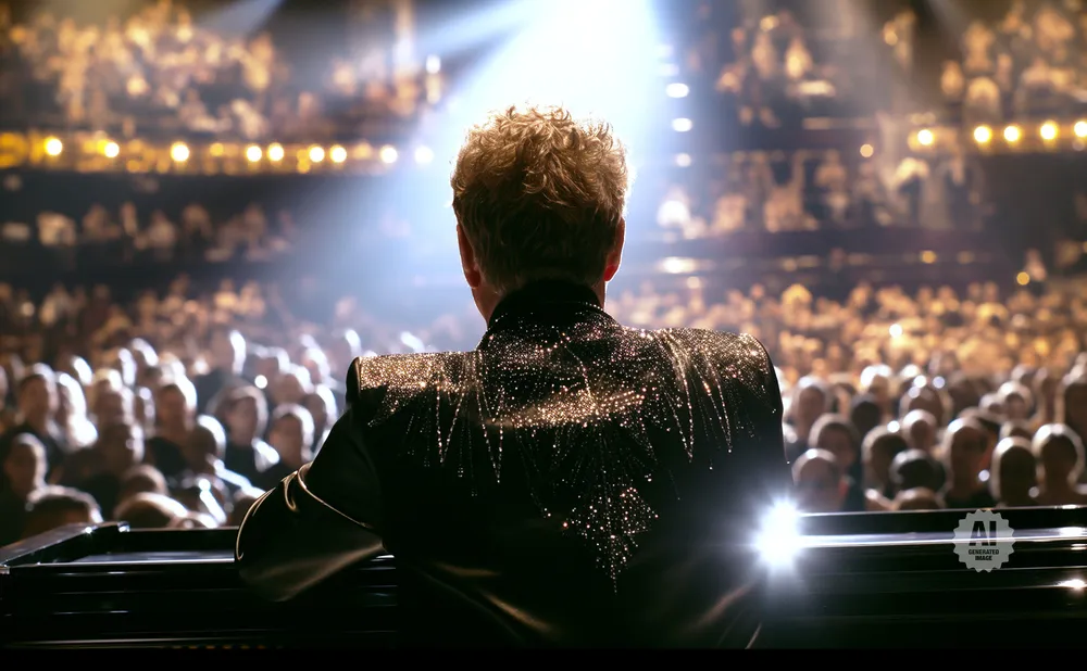 Elton John in a sparkly jacket at a piano, facing a large audience under stage lights.