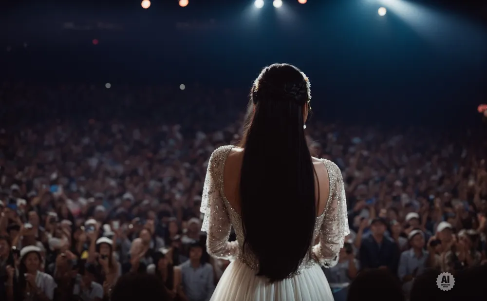 A woman in a sparkly white dress faces a large, cheering crowd under spotlights.