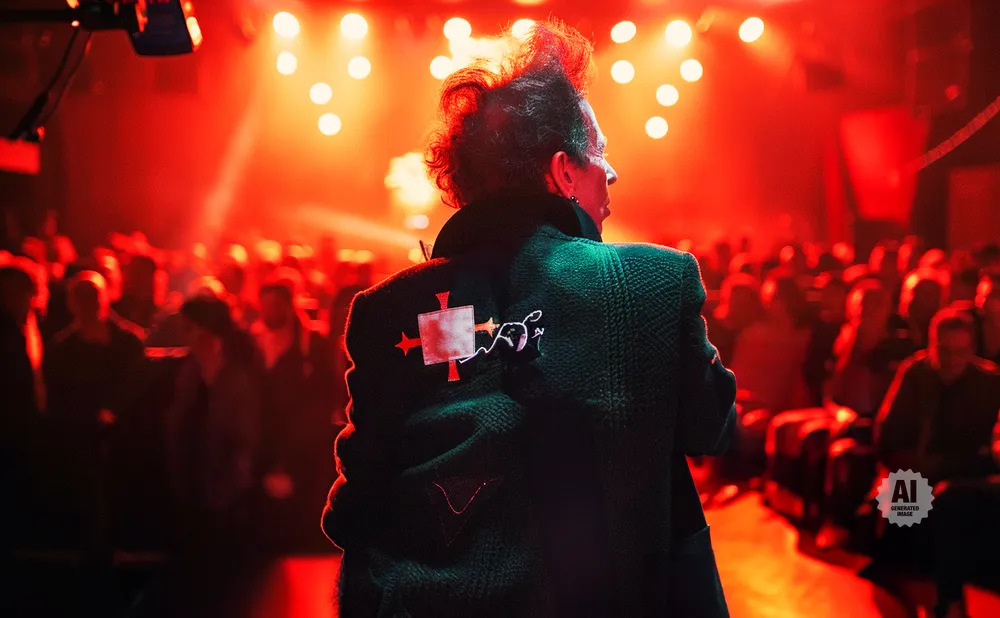 Man with spiky hair on stage with red lighting and a crowd.