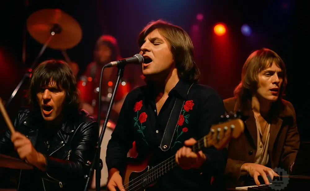 A band plays on stage, with a singer in a black shirt with red roses, a drummer in a leather jacket, and a keyboardist in a brown coat.