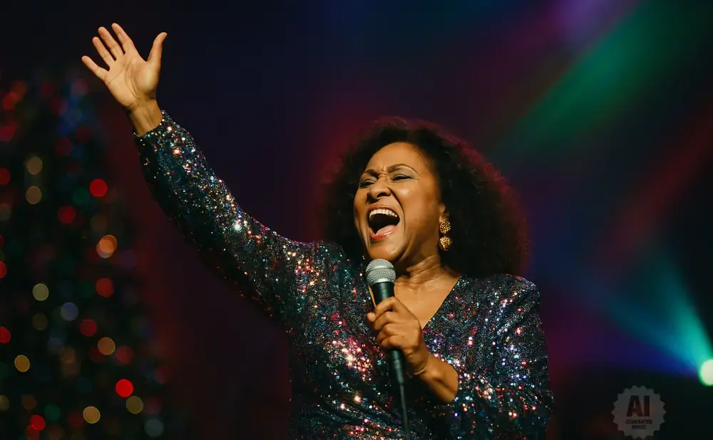 A Black woman sings into a microphone on a stage, wearing a sparkly dress and with her arm raised.