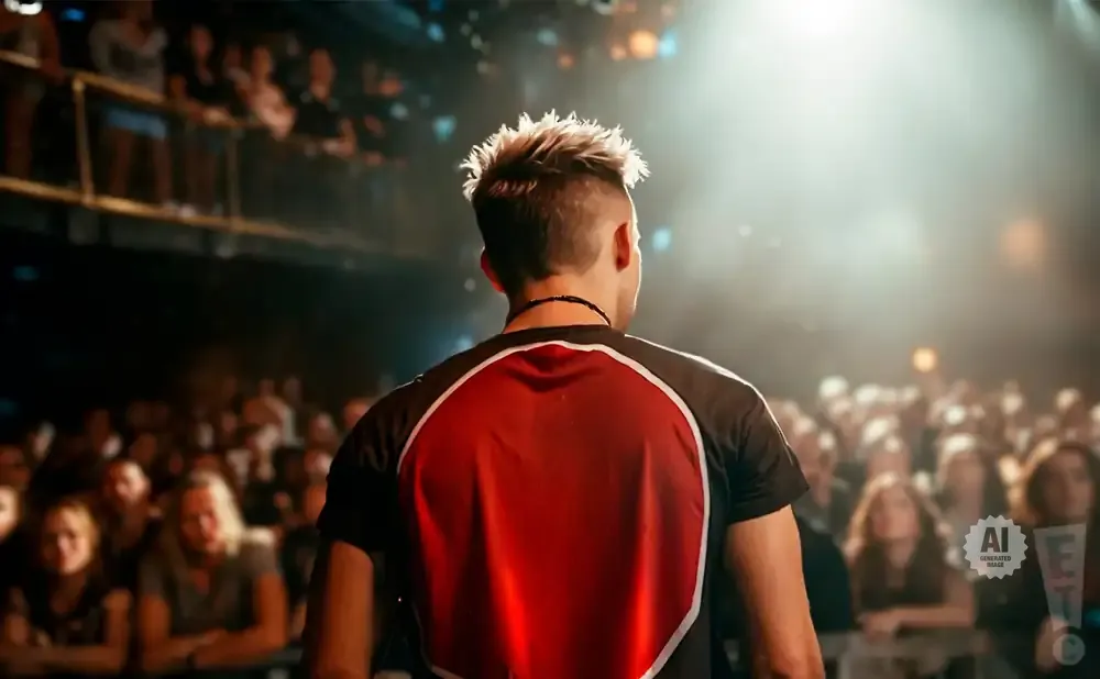 A person with spiky hair faces a cheering crowd in a concert venue.