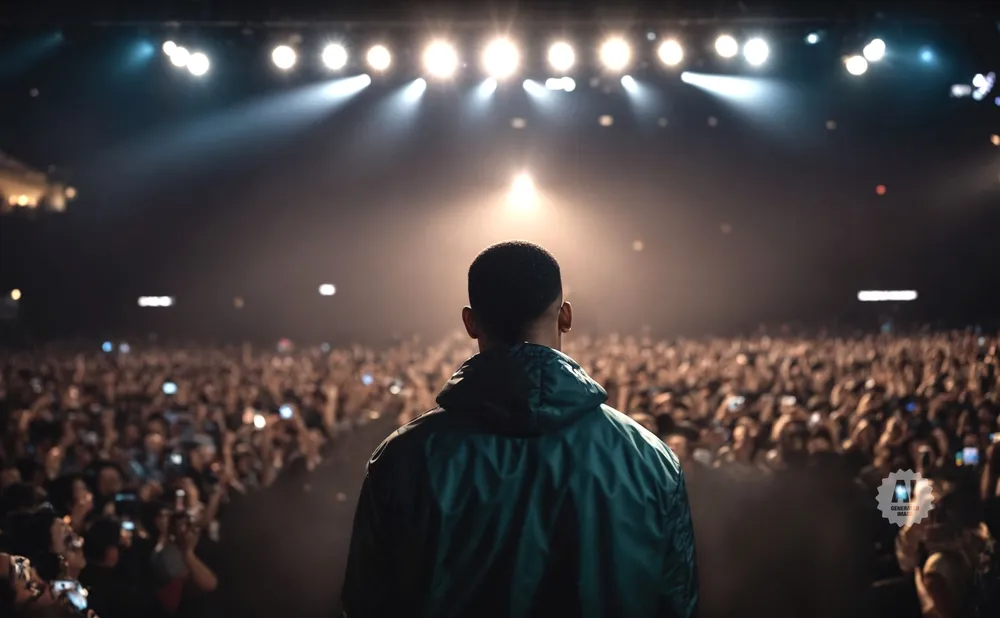 A performer faces a cheering crowd at a concert, bathed in stage lights.