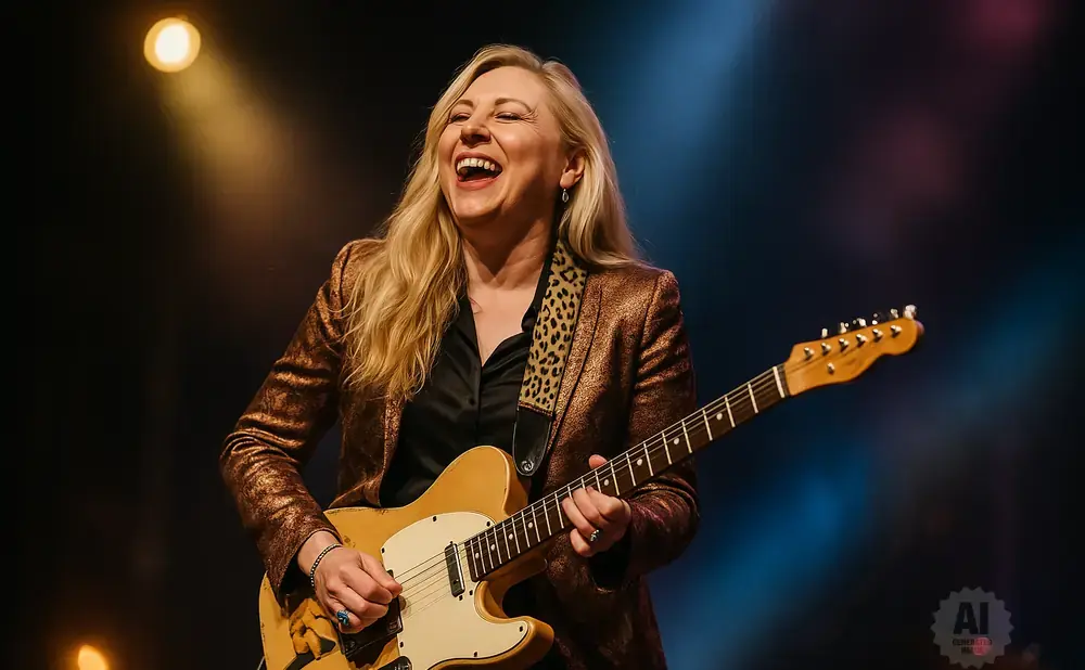 Woman laughing while playing a tan electric guitar on stage with colorful lights.
