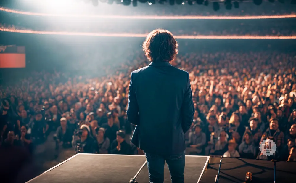 Man in suit facing large, excited crowd on stage under bright lights.