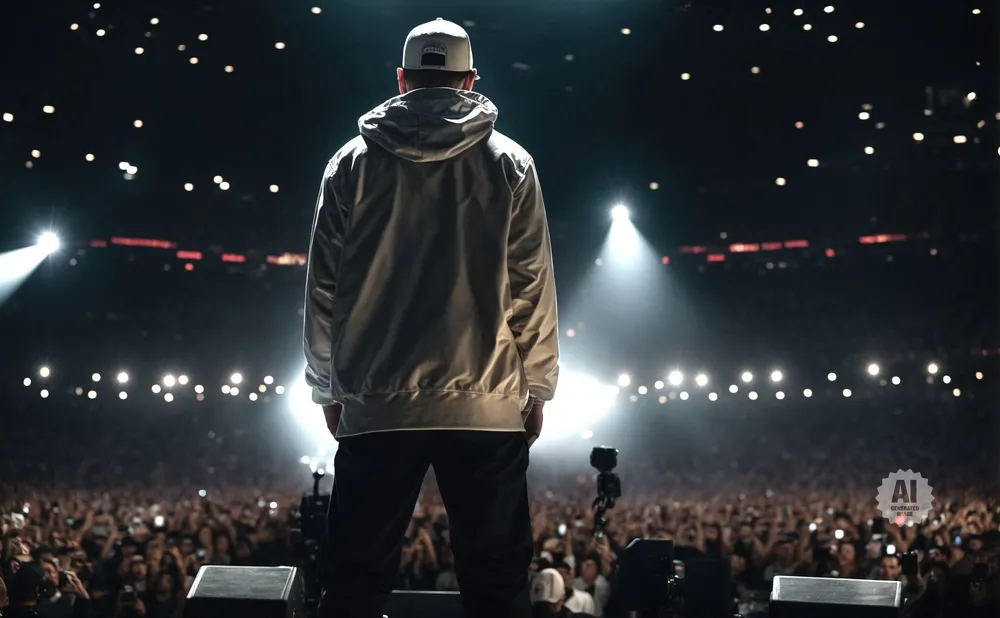 Rapper on stage facing a large crowd at a concert.