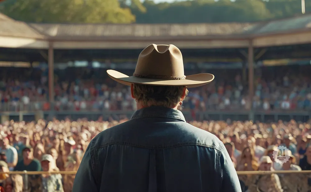 Man in cowboy hat facing an audience at an outdoor event.