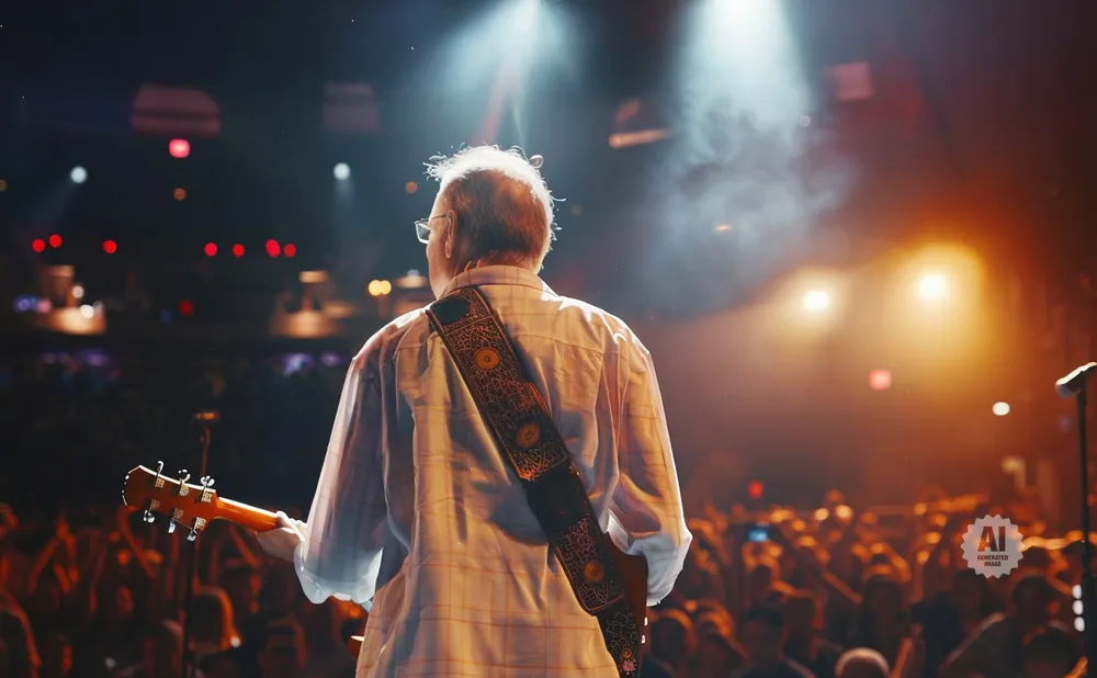 Man playing guitar on stage with a crowd in the background, illuminated by stage lights.