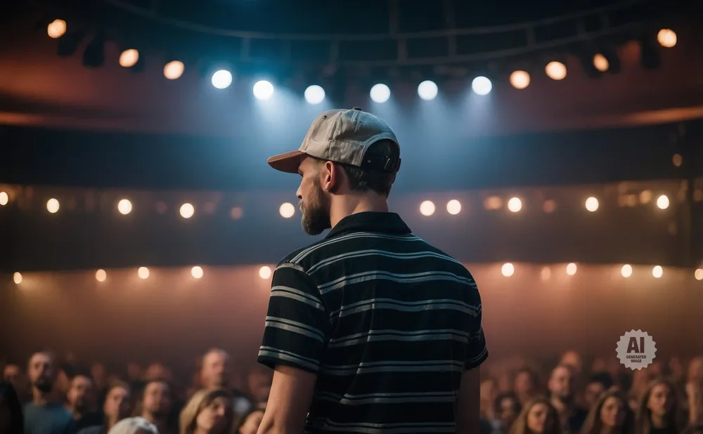 Man in a cap and striped shirt faces away from the camera on a dimly lit stage in front of an audience.