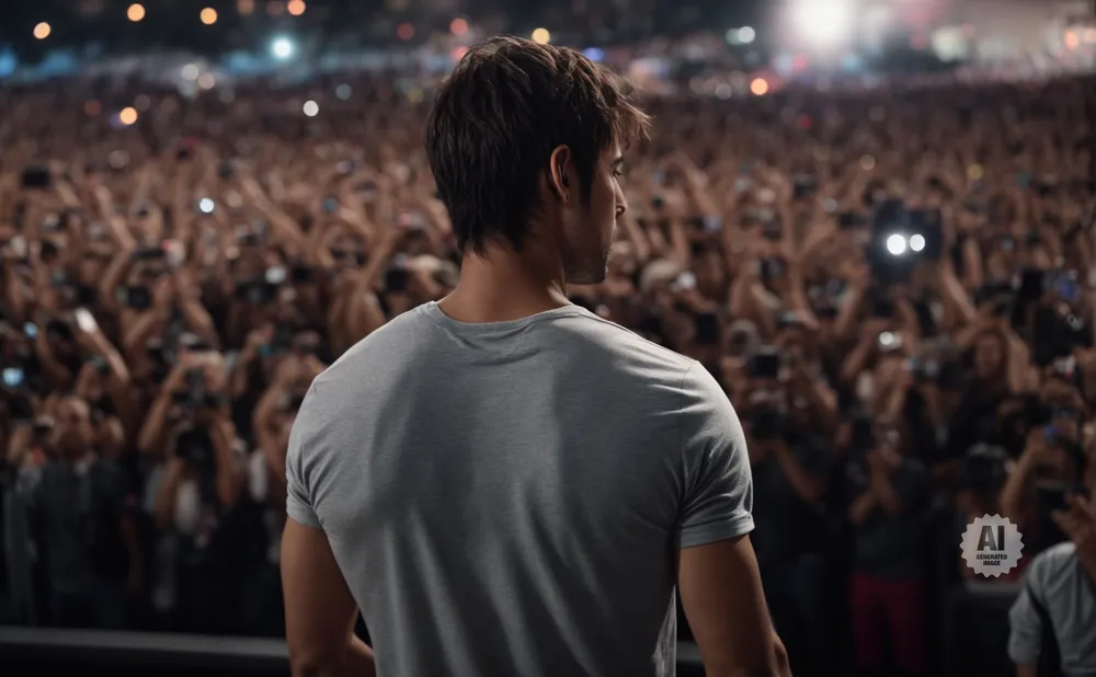 Man in gray t-shirt facing a large, cheering crowd holding up phones at a concert.