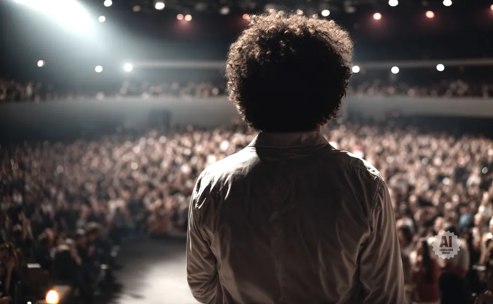 A person with a large afro stands facing a large, blurred audience in a dimly lit auditorium.