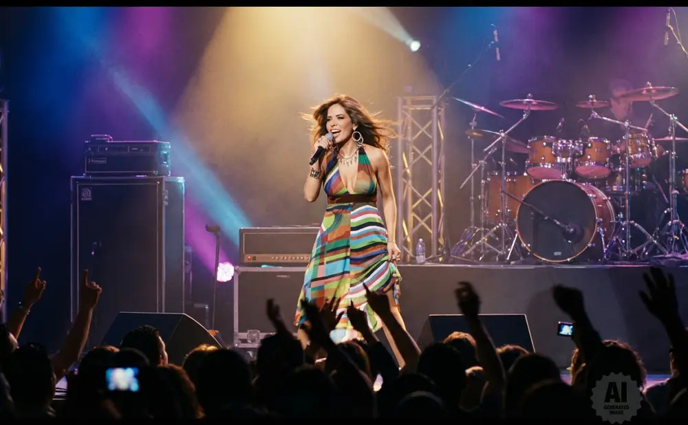 Singer performing on stage in a colorful dress, with a drum kit and bandmates in the background, while the audience cheers.