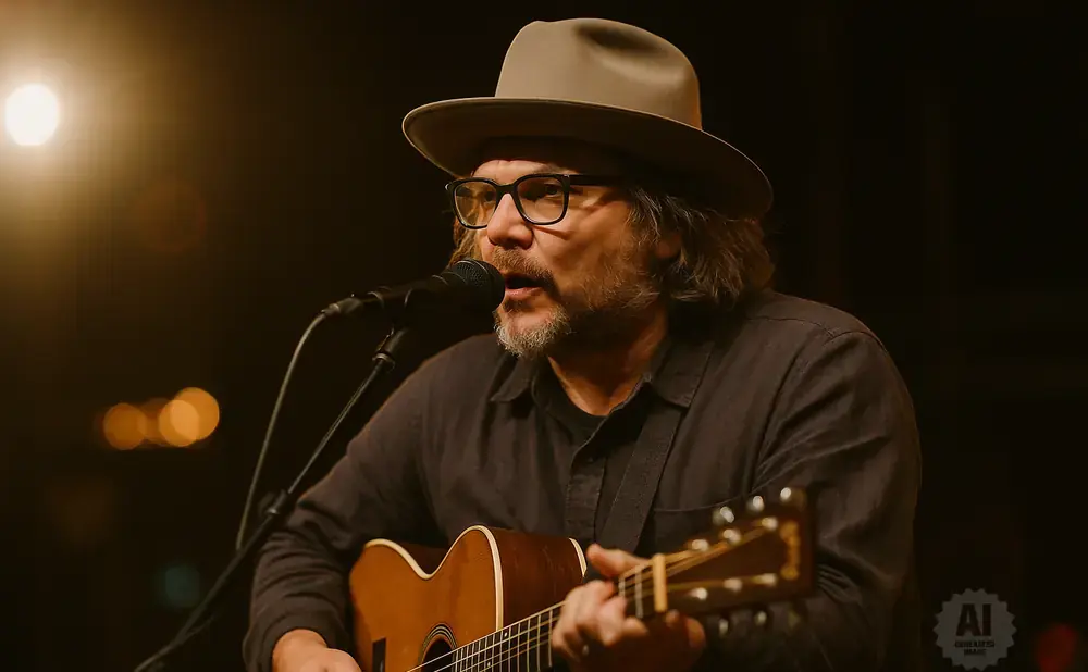 A man in a hat and glasses plays an acoustic guitar and sings into a microphone on stage.