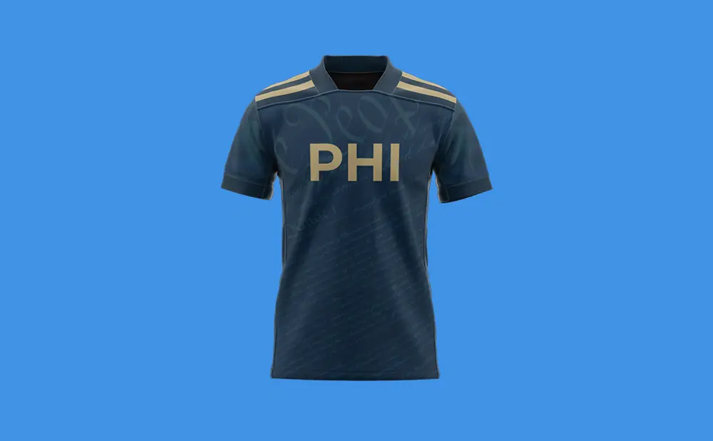 A navy blue t-shirt with gold lettering that reads 