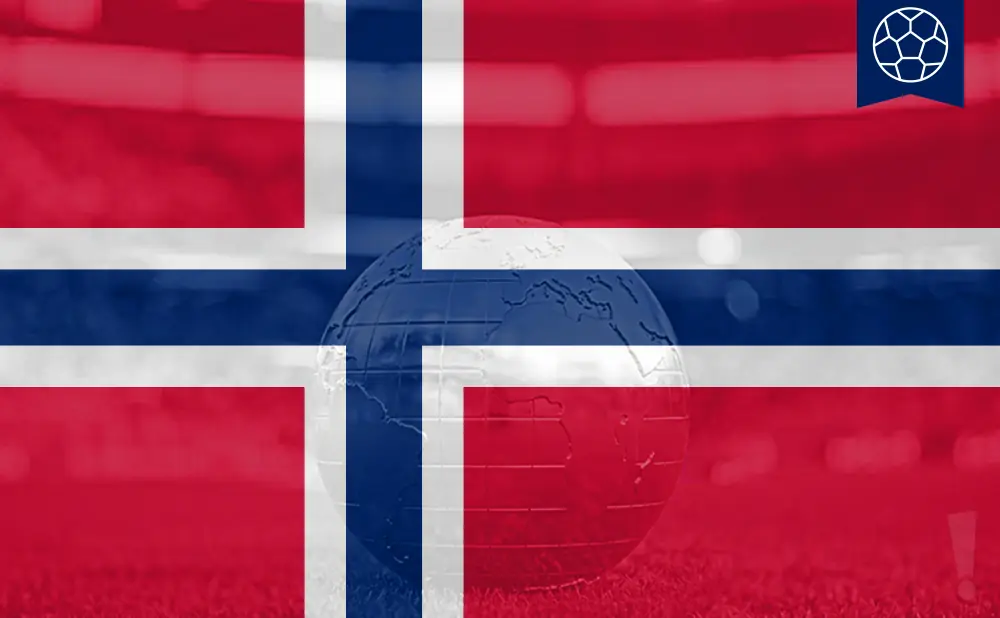 A globe superimposed on the flag of Norway with a soccer ball emblem in the corner.