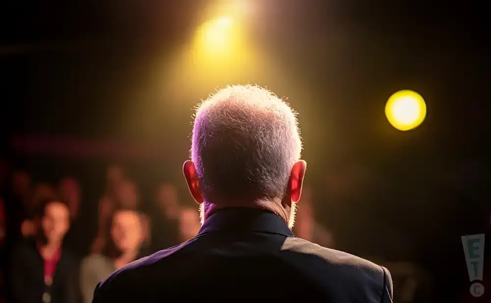 Back of a speaker in a suit illuminated by a spotlight, facing an indistinct audience.