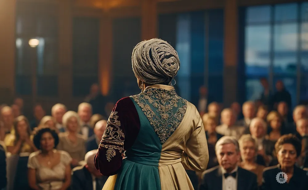 Woman in ornate turban and colorful outfit addresses an audience.