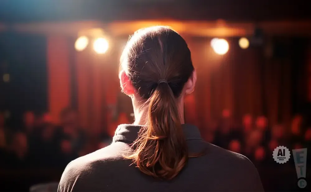 Back view of a person with brown hair in a ponytail, facing a dimly lit stage with spotlights.