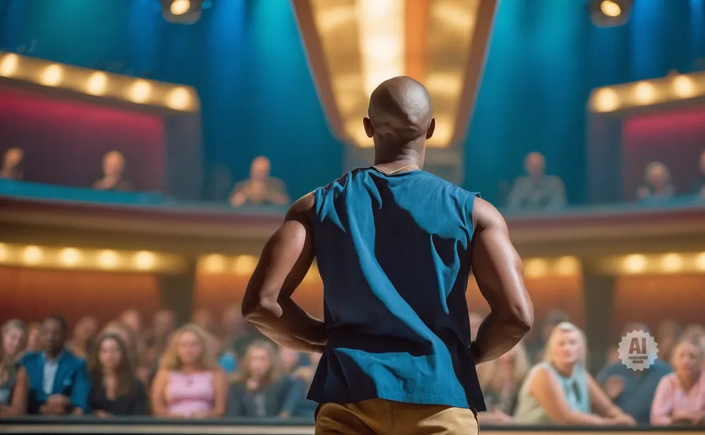 Bald man in blue sleeveless shirt facing away from camera on stage, audience seated below.