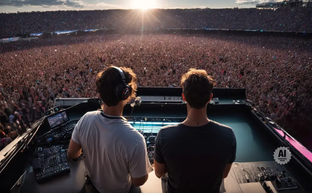 Two DJs in headphones play to a massive cheering crowd at a stadium concert as the sun sets.