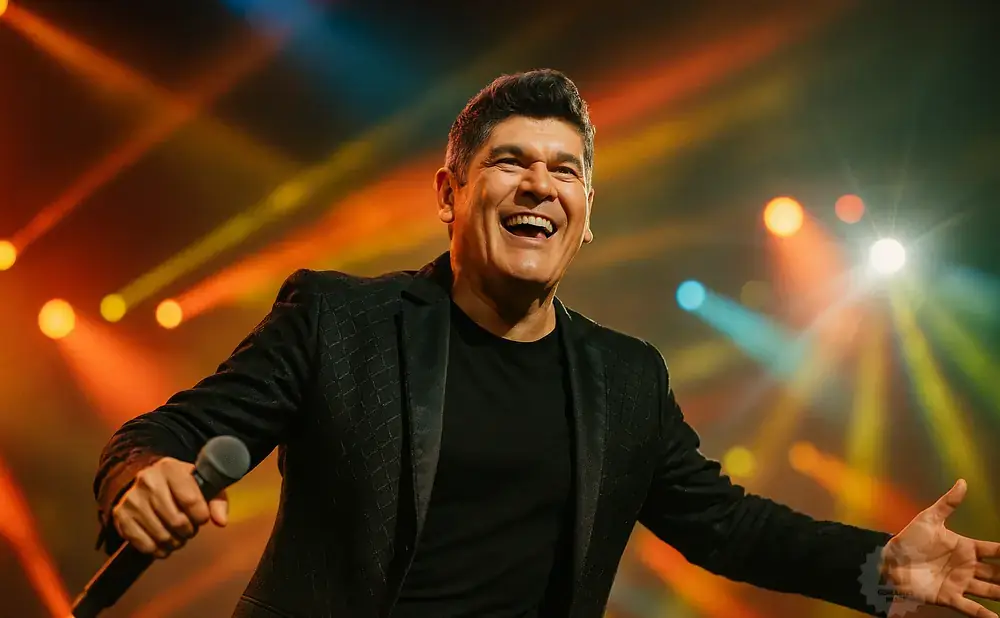 A man in a black suit smiles and holds a microphone on a stage with colorful lights.