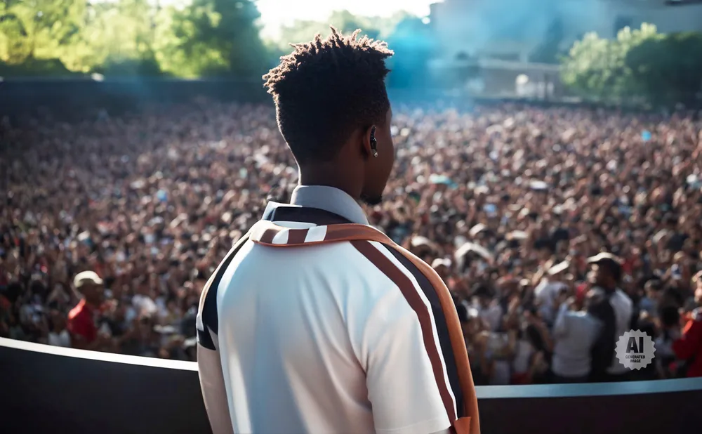 Back view of a Black man with dreadlocks on stage, facing a large, cheering crowd at an outdoor concert.