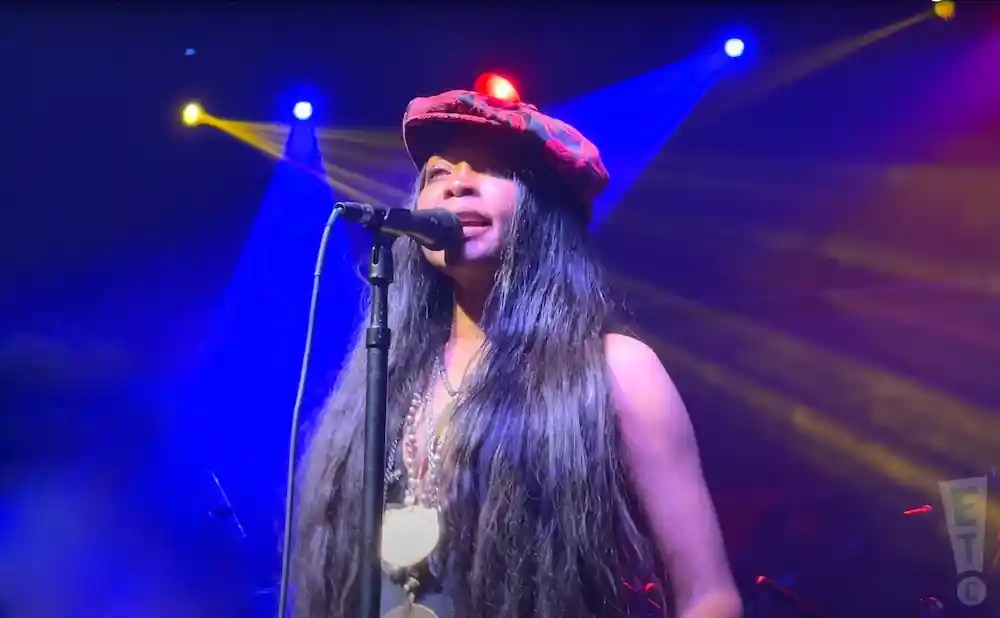 Singer with long dark hair and a red tartan hat performs on stage with blue and yellow spotlights.