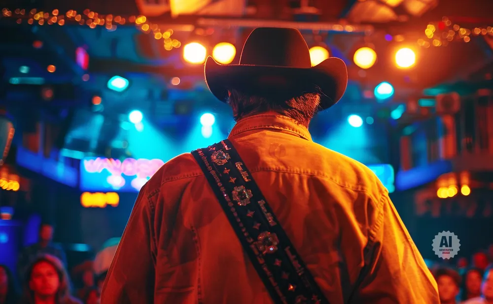 Cowboy in a hat on stage, back to camera, with a decorated guitar strap. Stage lights and audience in background.