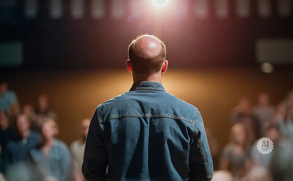 A bald man in a denim jacket stands on a stage, facing a blurred audience under a bright spotlight.