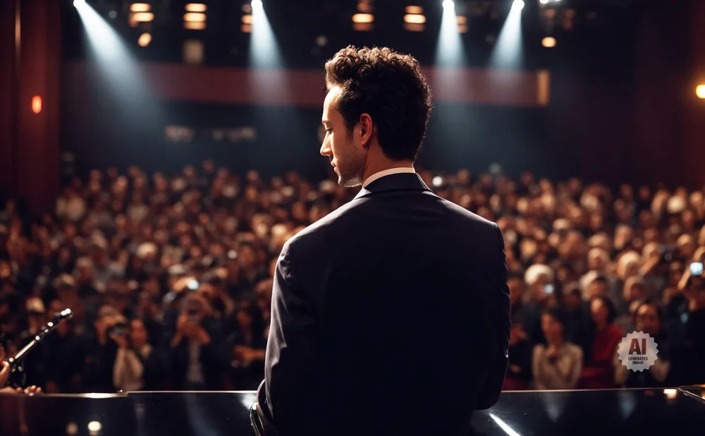 Man in a suit facing a crowd in a theater, with spotlights overhead.