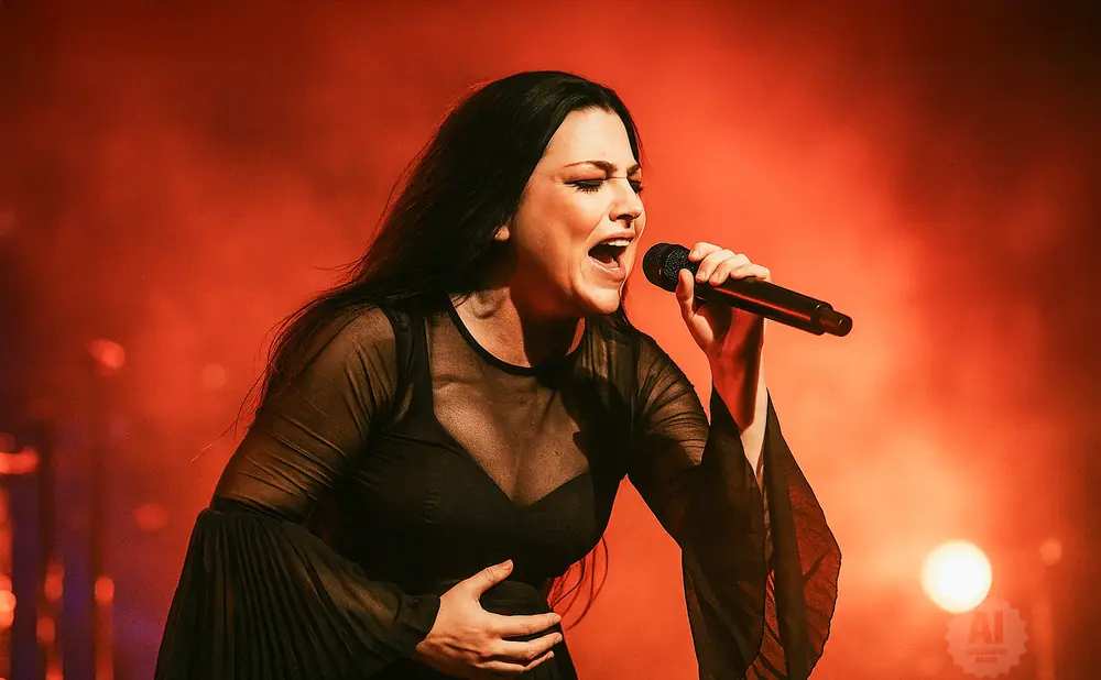 Singer Amy Lee of Evanescence performs on a stage with red lighting.