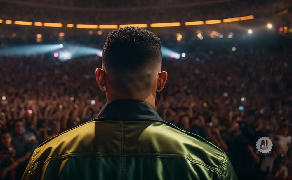 Back of a person in a green jacket facing a cheering crowd at a concert.