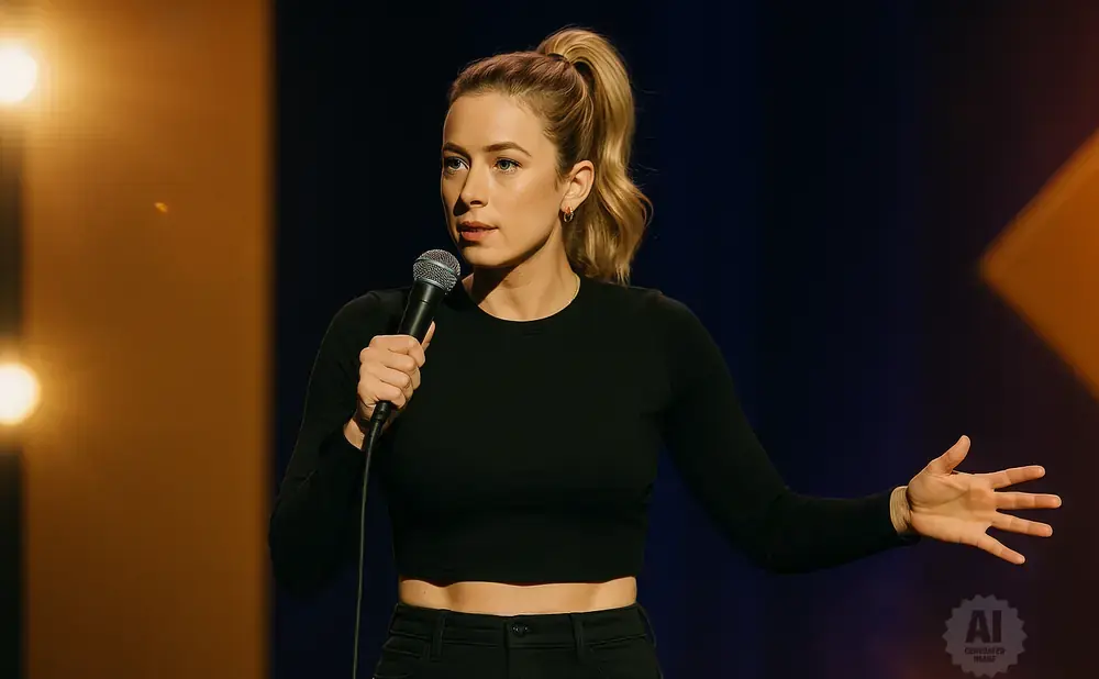 A woman with blonde hair in a ponytail, wearing a black crop top, holds a microphone and gestures with her open hand on stage.