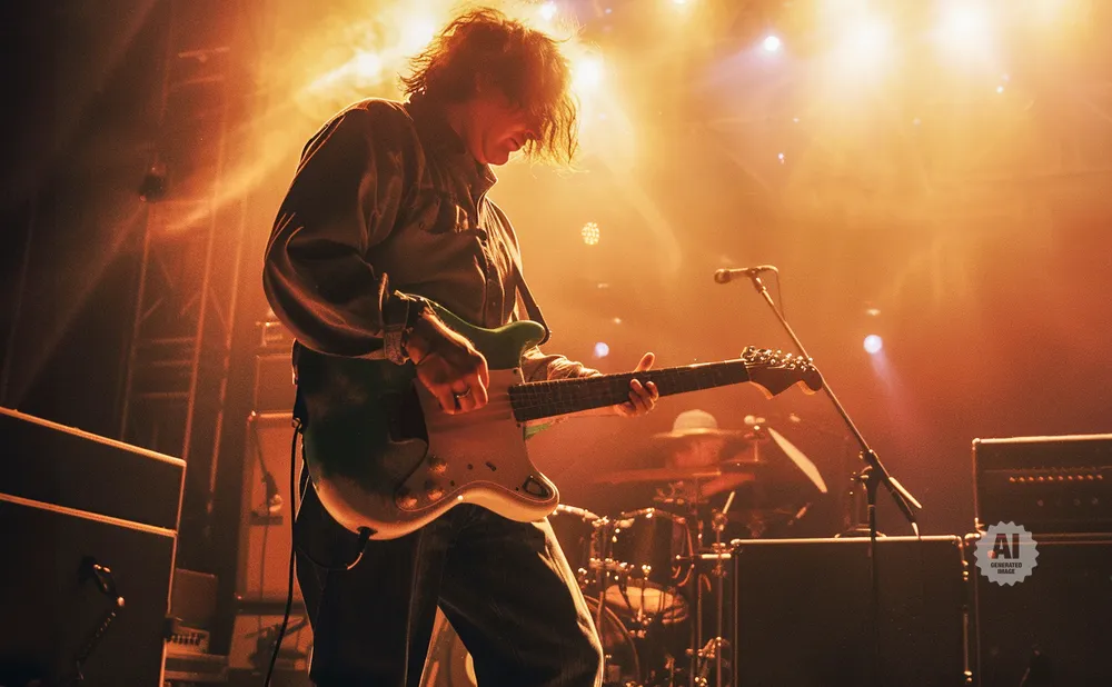 Musician playing electric guitar on stage with warm lighting and smoke.