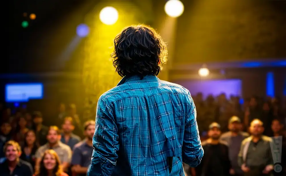 A man with curly hair in a blue plaid shirt stands with his back to the camera, facing a blurred audience under bright stage lights.
