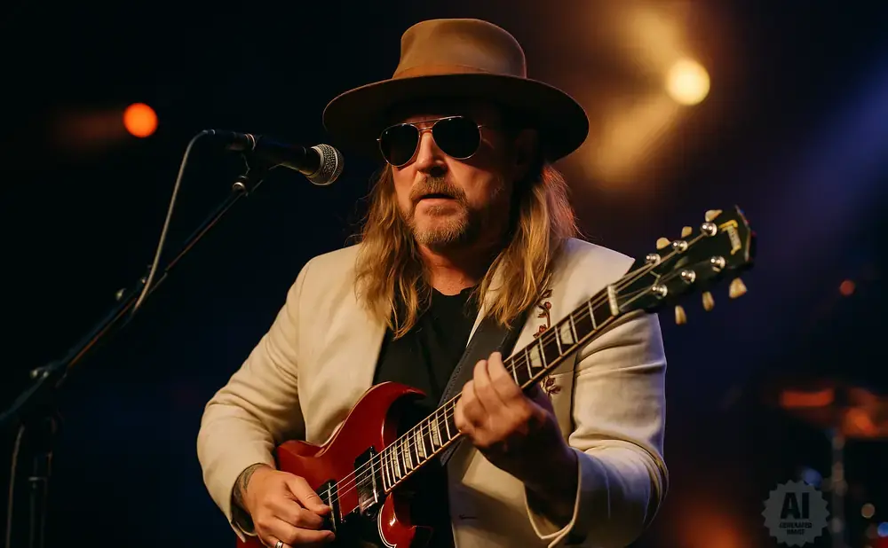 Musician in a hat and sunglasses plays a red electric guitar on stage.