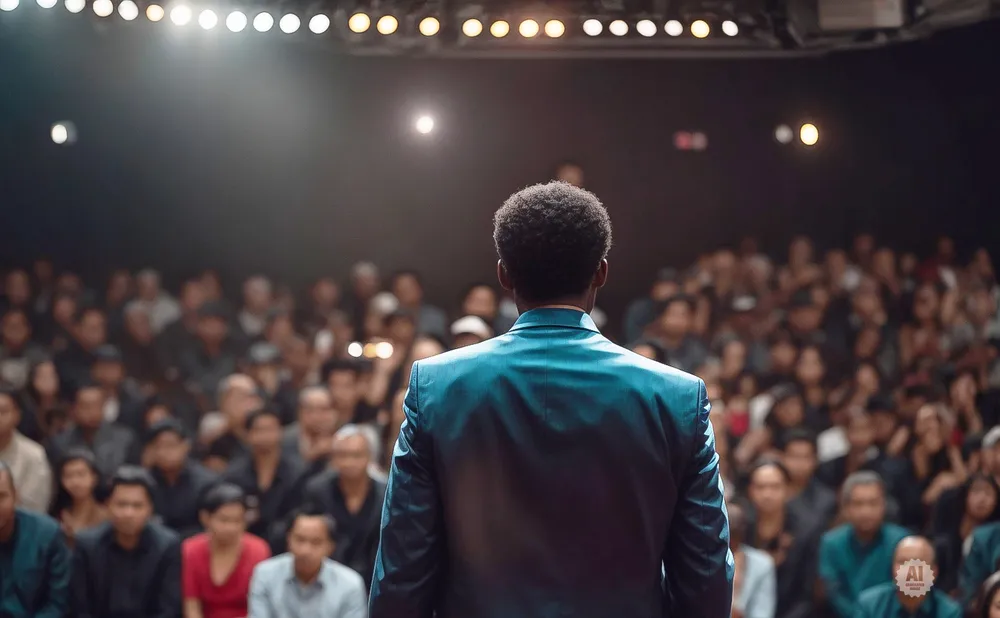 A man in a teal suit faces an audience in a theater.