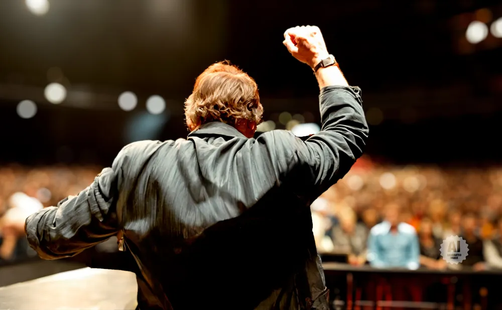 A man in a black jacket raises his fist to a cheering crowd from a stage.