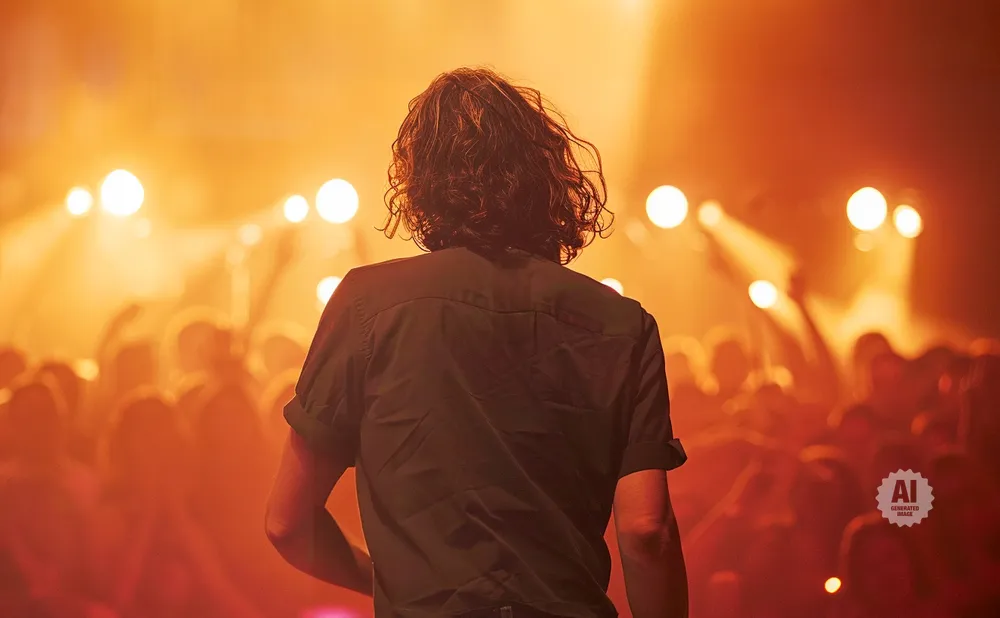 Man with long, curly hair on stage facing a crowd, bathed in warm orange stage lighting.