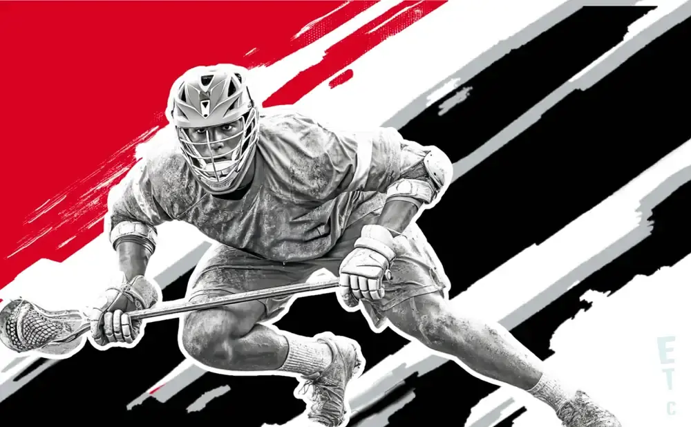 A lacrosse player in a helmet and pads in a dynamic pose, holding a stick against a background of red and black stripes.