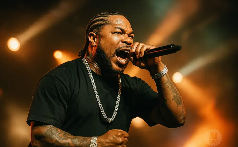 Rapper performs into a microphone with braided hair, iced-out chains, and tattoos.