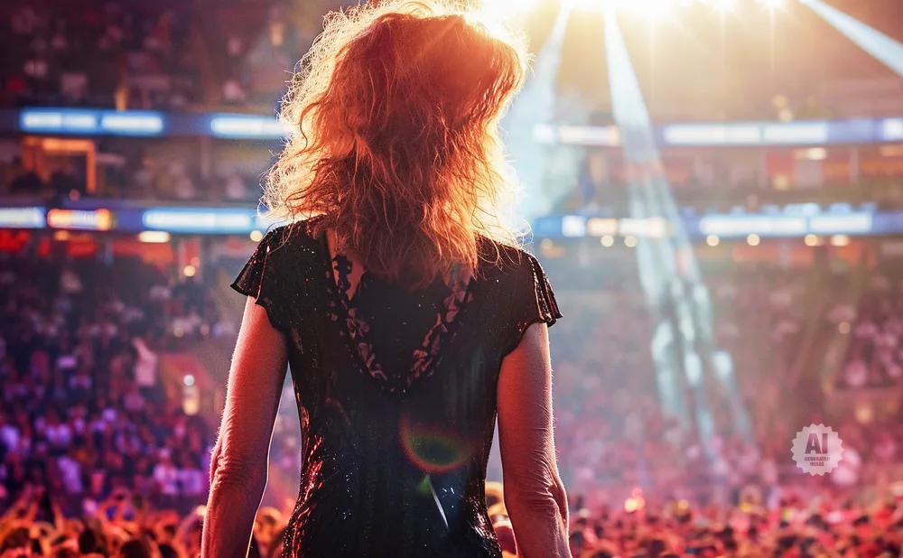 Woman in a sparkly black dress on stage, with hair backlit by stage lights and a crowd visible in the background.