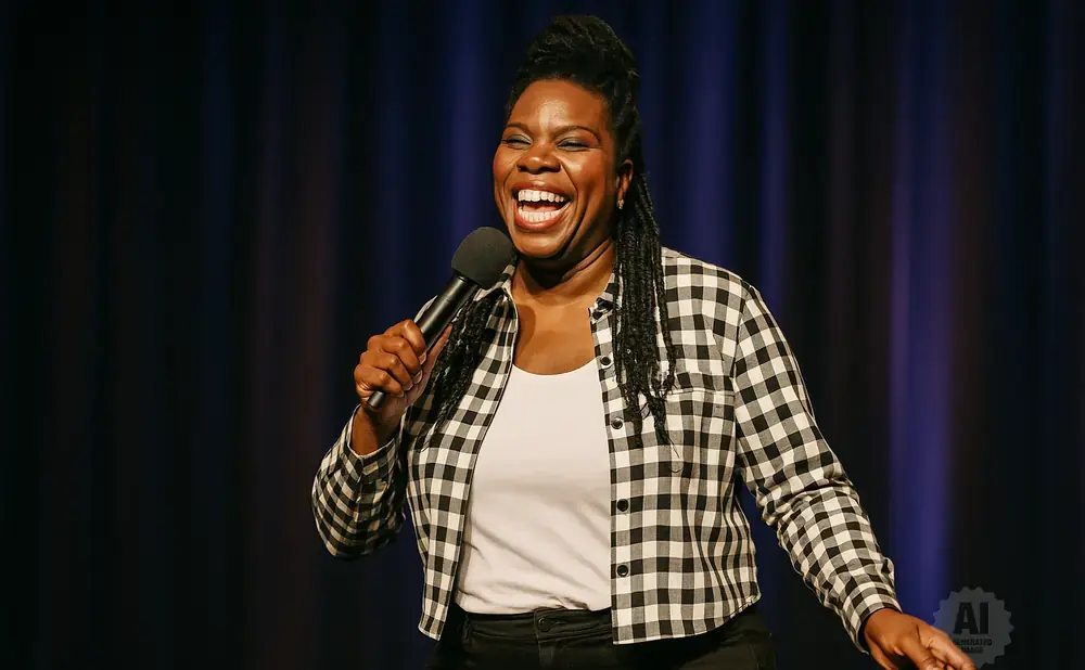 A Black woman with braided hair laughs into a microphone while wearing a black and white plaid shirt.