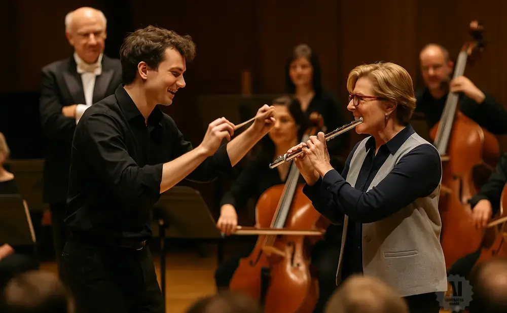 A conductor and flutist lead an orchestra.